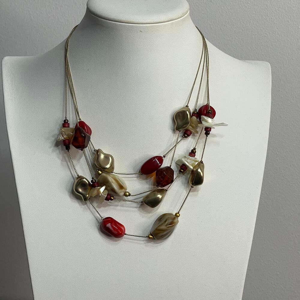 Chico's beaded necklace beads red tan khaki costume signed jewelry multi strand